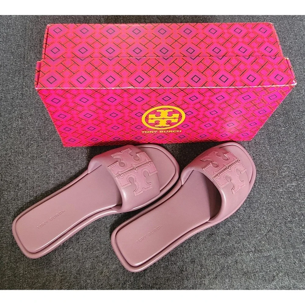 Tory Burch Double T Sport Slide Cipria Size 6.5 Leather Dusty Purple New In Box